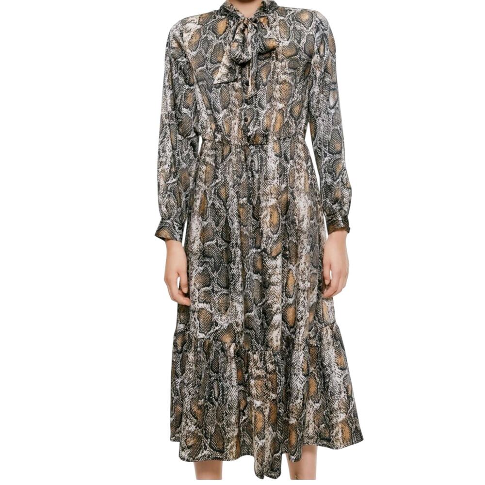 Zara Brown Snakeskin Animal Print Long Sleeve Button Front Tie Neck Midi Dress L